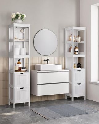 Mueble Alto De Baño, Armario De Baño, Mueblecito De Baño, Con 2 Cajones Y 3 Compartimentos Abiertos, 30 X 30 X 141,5 Cm, para Baño, Salón, Cocina, Blanco BBC66WT