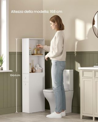 Mueble de Baño Alto, Mueble de Baño de Columna con Cajones y Estante Regulable, para Espacios Pequeños, Estilo Moderno, Blanco Clásico BBK567T14