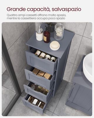 Mueble De Baño, Cajonera, Armario Autoportante, Con 4 Cajones, 30 X 30 X 82 Cm, para Baño, Salón, Comedor, Cocina, Estilo Moderno, Gris LHC040G01