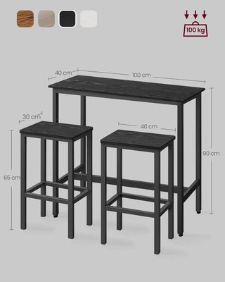 Mesa Alta Y Taburetes De Bar, Set De Bar Con Mesa 100 X 40 Cm Y 2 Taburetes 40 X 30 Cm, Estructura De Acero Industrial, Negro Ébano Y Negro Tinta LBT218B56