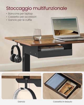 Escritorio Eléctrico Regulable en Altura, Tablero de Mesa 70 X 160 Cm, Regulable de Forma Continua, Función de Memoria con 4 Alturas, Marrón Vintage y Negro Tinta LSD116X01