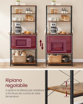 Estante de Cocina con Toma de Corriente, Soporte para Microondas, Organizador de 6 Estantes con 6 Ganchos para Barra, de Acero, 40 X 60 X 167 Cm, Marrón Vintage y Negro Tinta KKS124K01