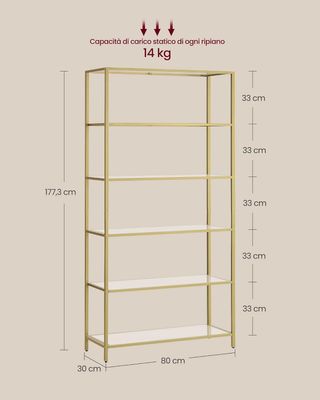 Estante de Vidrio de 6 Estantes, Librería, Organizador de Objetos, Vidrio Templado, Fácil de Montar, para Baño, Sala de Estar, Dormitorio, Estudio, Color Dorado LGT503A01