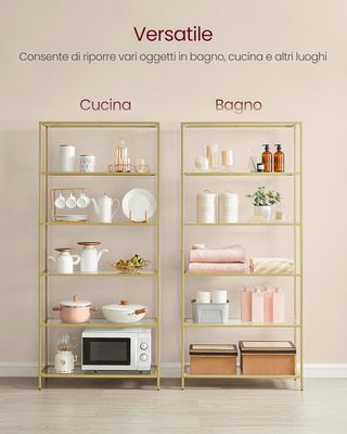 Estante de Vidrio de 6 Estantes, Librería, Organizador de Objetos, Vidrio Templado, Fácil de Montar, para Baño, Sala de Estar, Dormitorio, Estudio, Color Dorado LGT503A01