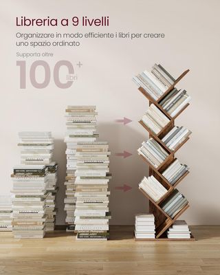 Estantería en Forma de Árbol de 9 Estantes, Ahorra Espacio, Estantería Vertical, para Dormitorio, Sala de Estar, Estudio, Oficina, Marrón Vintage LBC11BX