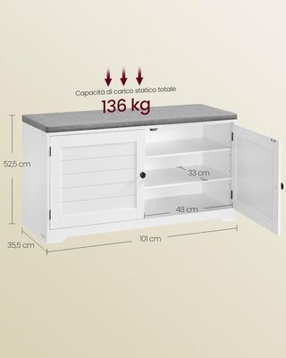 Banco Zapatero de 3 Niveles, Banco Contenedor Con Puertas y Cojín, Estantes Regulables, 35,5 X 101 X 52,5 Cm, para Entrada, Dormitorio, Blanco Nube y Gris Tortora LSB044W01