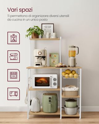 Estante de Cocina, Soporte para Microondas, Mueble de Cocina, Cesta de Alambre Metálico, 6 Ganchos, para Especias, Ollas y Sartenes, 40 X 90 X 134 Cm, Roble Dorado y Blanco KKS035W09