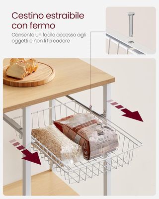 Estante de Cocina, Soporte para Microondas, Mueble de Cocina, Cesta de Alambre Metálico, 6 Ganchos, para Especias, Ollas y Sartenes, 40 X 90 X 134 Cm, Roble Dorado y Blanco KKS035W09