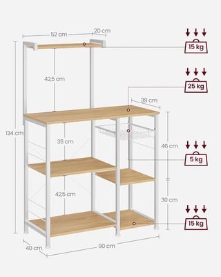 Estante de Cocina, Soporte para Microondas, Mueble de Cocina, Cesta de Alambre Metálico, 6 Ganchos, para Especias, Ollas y Sartenes, 40 X 90 X 134 Cm, Roble Dorado y Blanco KKS035W09