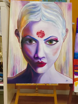 Cuadro al óleo mujer rostro morado y rojo