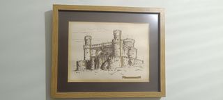 Cuadro Castillo Dibujo Papel Marco Madera