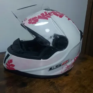 Casco Moto LS2 Blanco Flores Rosas