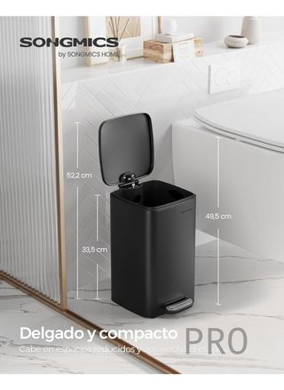 Cestino per il bagno SONGMICS, 8 L, con pedale, per spazi piccoli, con coperchio morbido, acciaio, nero LTB591B0802