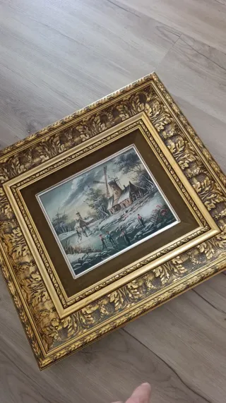 Cuadro al óleo Paisaje Invernal, marco vintage