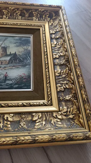 Cuadro al óleo Paisaje Invernal, marco vintage