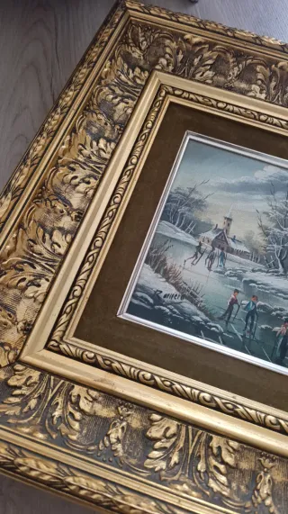 Cuadro al óleo Paisaje Invernal, marco vintage