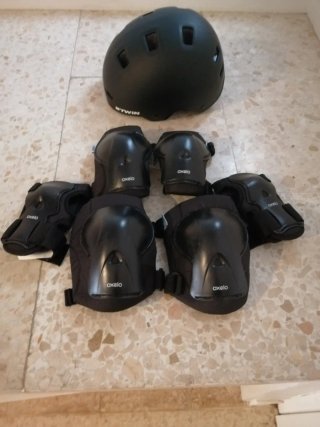 Monopatín 3 ruedas, casco y juego de protecciones