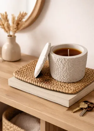 Vela con recipiente cemento blanco