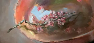 Cuadro al óleo de pájaro y flores