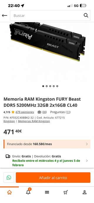 Kit memoria ram Kingston DDR5 32GB (2x16GB)