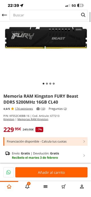 Kit memoria ram Kingston DDR5 32GB (2x16GB)