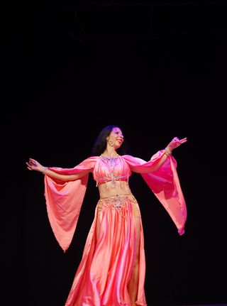 Traje Danza Vientre Bellydance Rosa Dorado