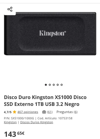 Disco Duro Externo Kingston XS1000 1TB SSD