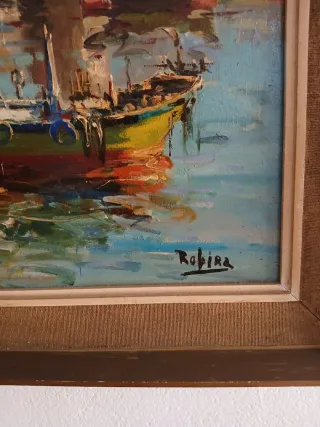 Cuadro al óleo antiguo: Barcos en puerto