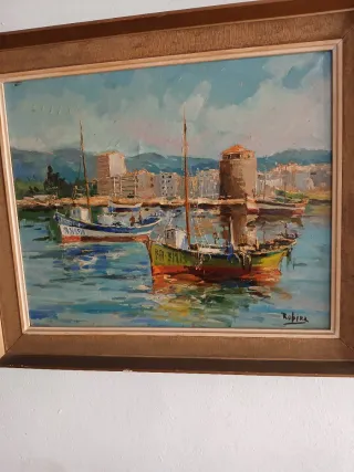 Cuadro al óleo antiguo: Barcos en puerto