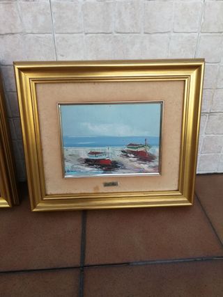 Cuadro pintado al óleo barcos en la playa