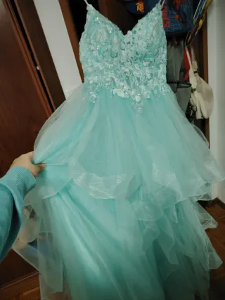 Vestido de fiesta largo azul verdoso