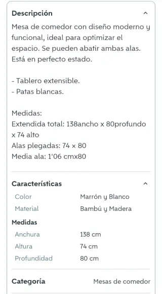 Mesa comedor extensible bambú y madera