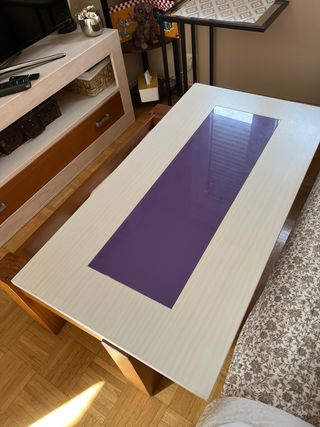 Mesa baja elevable madera y cristal