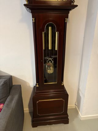 Reloj de pie clásico antiguo con péndulo y pesas.