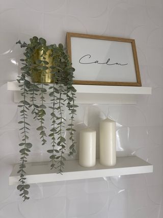 Planta decorativa con maceta,cuadro y velas.