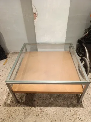 Mesa centro cristal, madera y aluminio