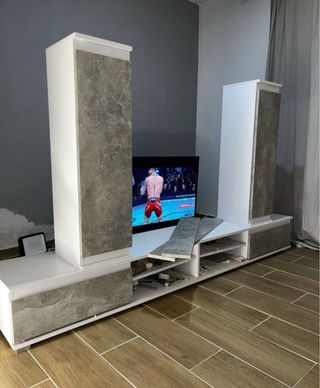 Mueble TV modular gris y blanco