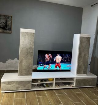 Mueble TV modular gris y blanco