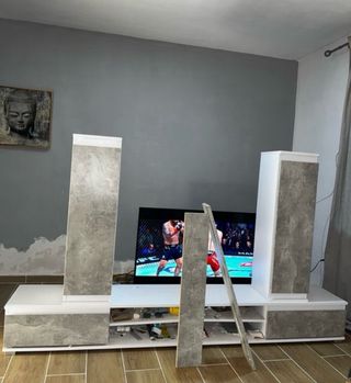 Mueble TV modular gris y blanco