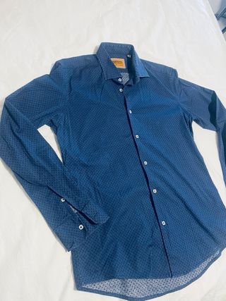 Camisa Gabardine Hombre Azul y Beige