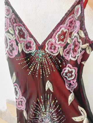 Vestido fiesta rojo, burdeos y rosa