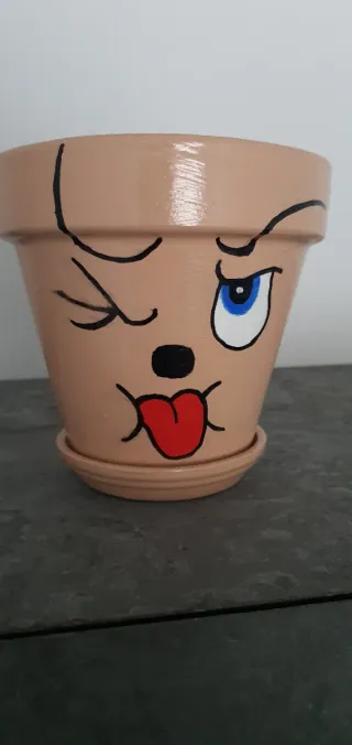 Maceta 16cm pintada a mano con cara divertida