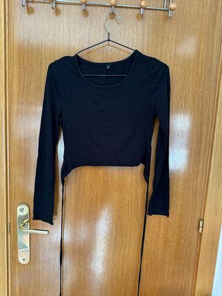 Top Shein negro manga larga con cuerda Talla S
