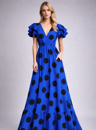 Vestido largo lunares azul y negro