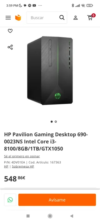 Torre HP Pavilion Intel i3/GTX 1050 2GB/ 8gb RAM