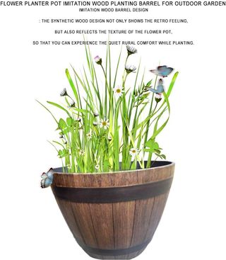 Maceta de resina PP de imitación de madera, barril