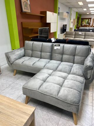 Sofá Cama con Puff a juego Gris Terciopelo NUEVO