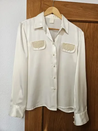 Blusa seda manga francesa beige multicolor