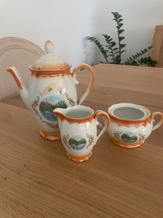 Juego de té porcelana naranja y blanco