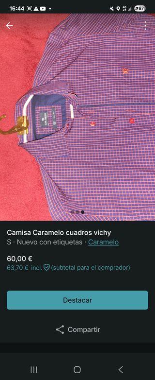 Camisa Caramelo cuadros vichy Talla S